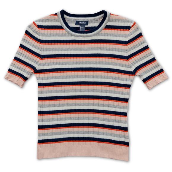 Forever 21 Striped Sweater - Women’s Medium - Short Sleeve Ribbed Knit Crop Top - Picture 1 of 5